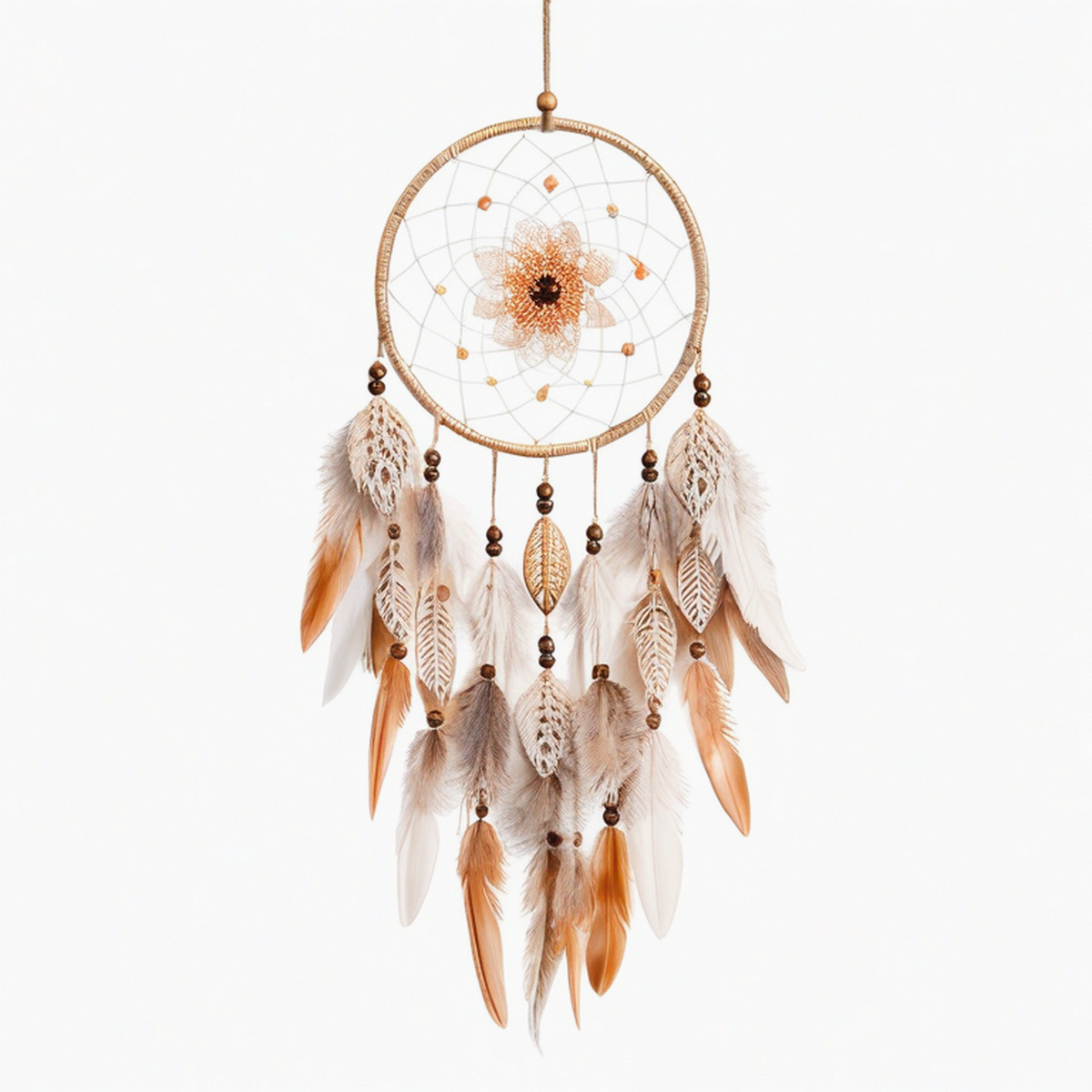 Attrape-rêves mural 30 x 85 cm en corde beige marron à plumes style bohème