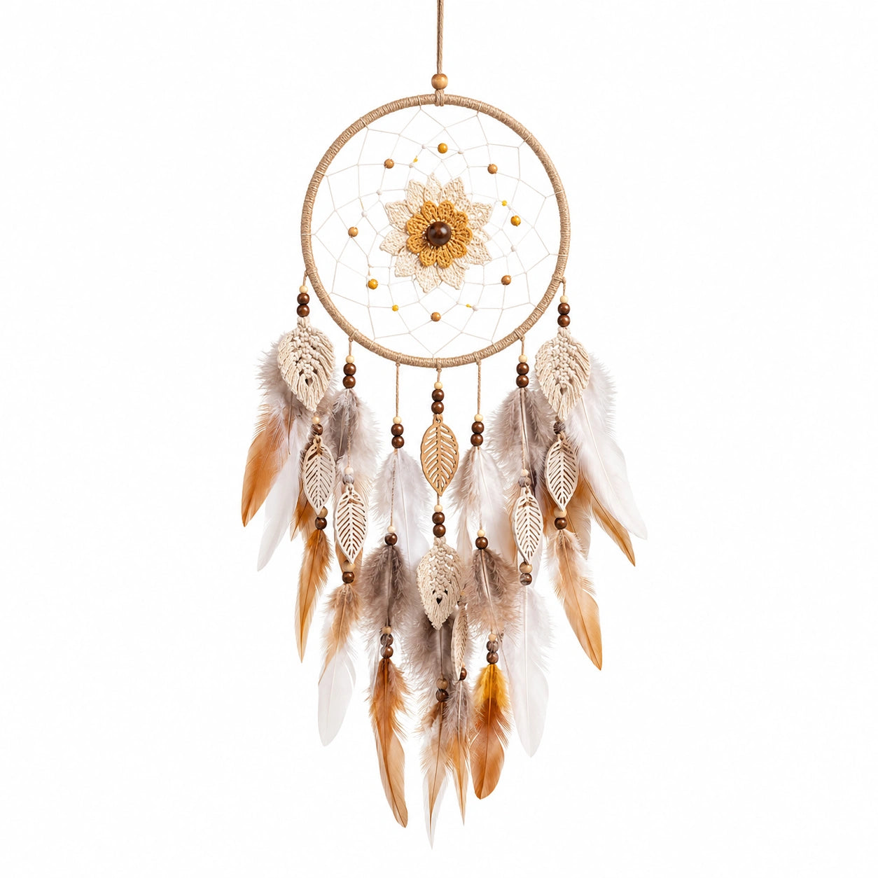 Attrape-rêves mural 30 x 85 cm en corde beige marron à plumes style bohème