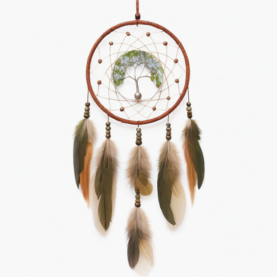 Attrape-rêves mural 30 x 75 cm en corde marron vert avec plumes décoratives