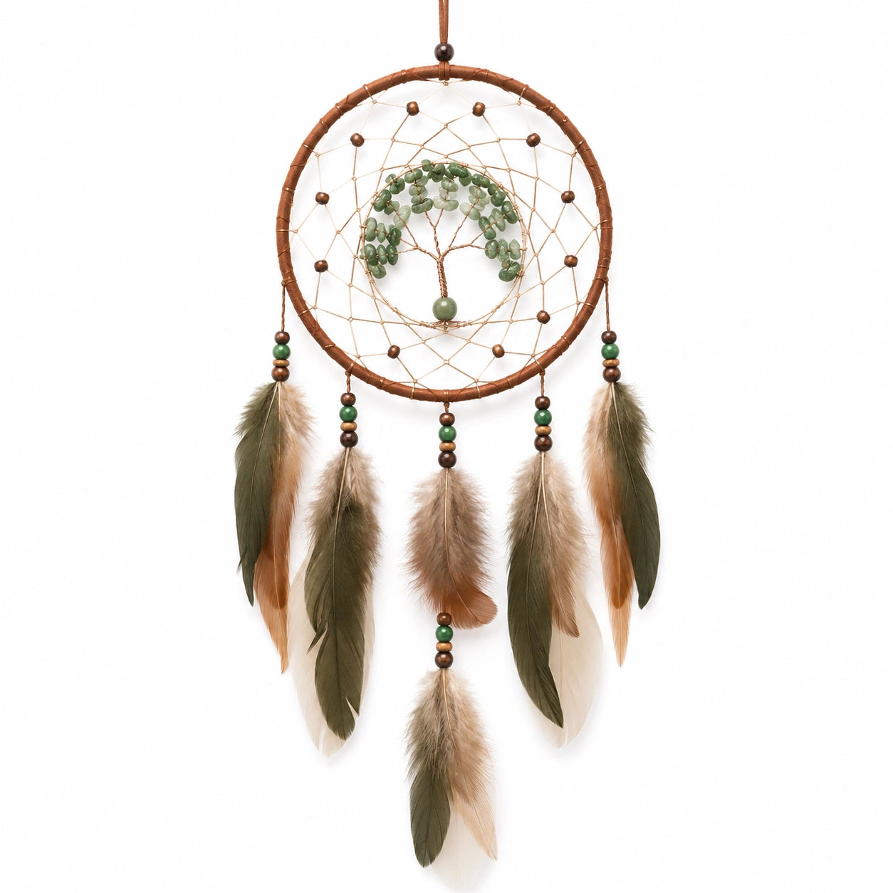 Attrape-rêves mural 30 x 75 cm en corde marron vert avec plumes décoratives