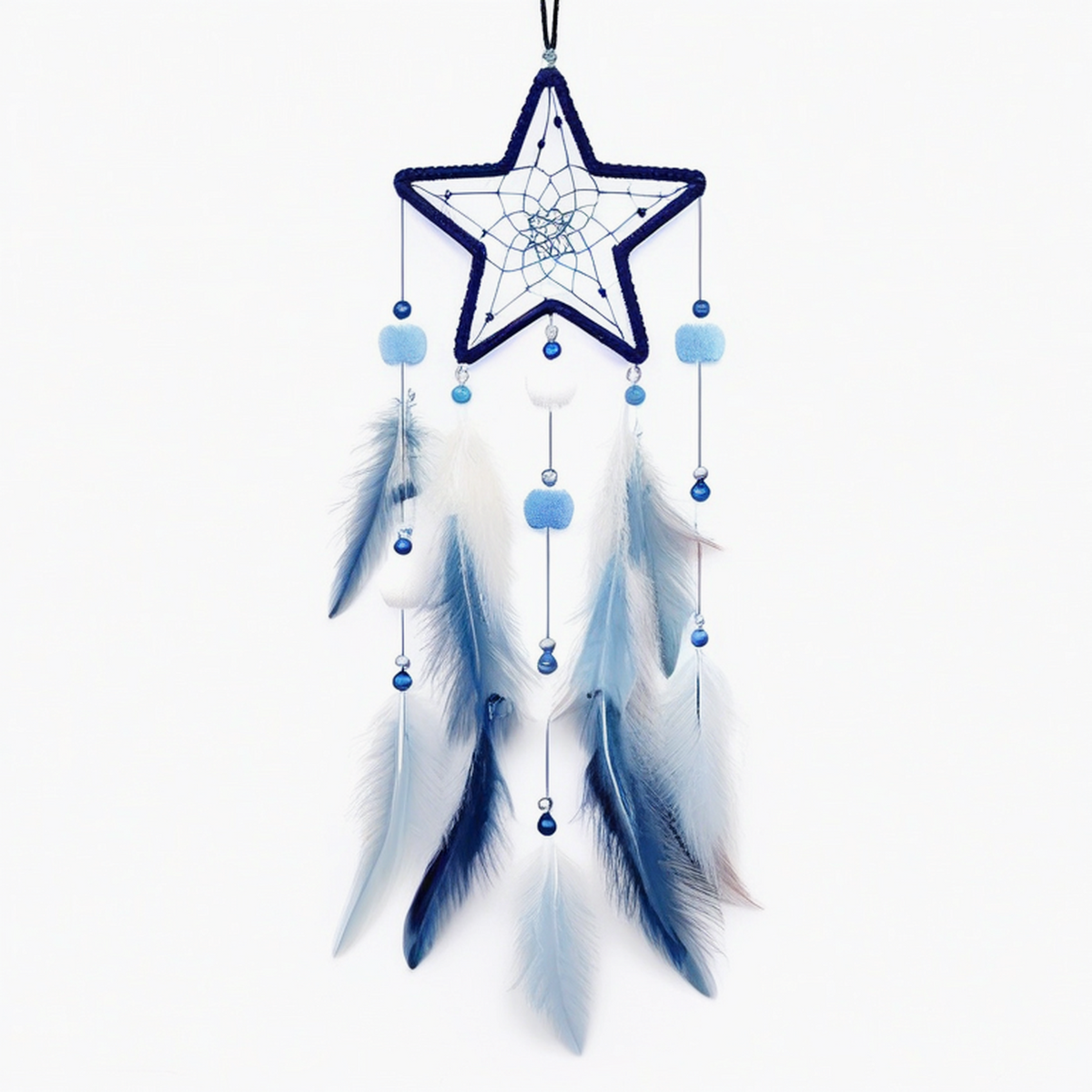 Attrape-rêves étoile 20 x 55 cm en textile bleu et blanc à suspendre