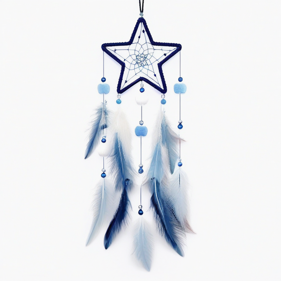 Attrape-rêves étoile 20 x 55 cm en textile bleu et blanc à suspendre