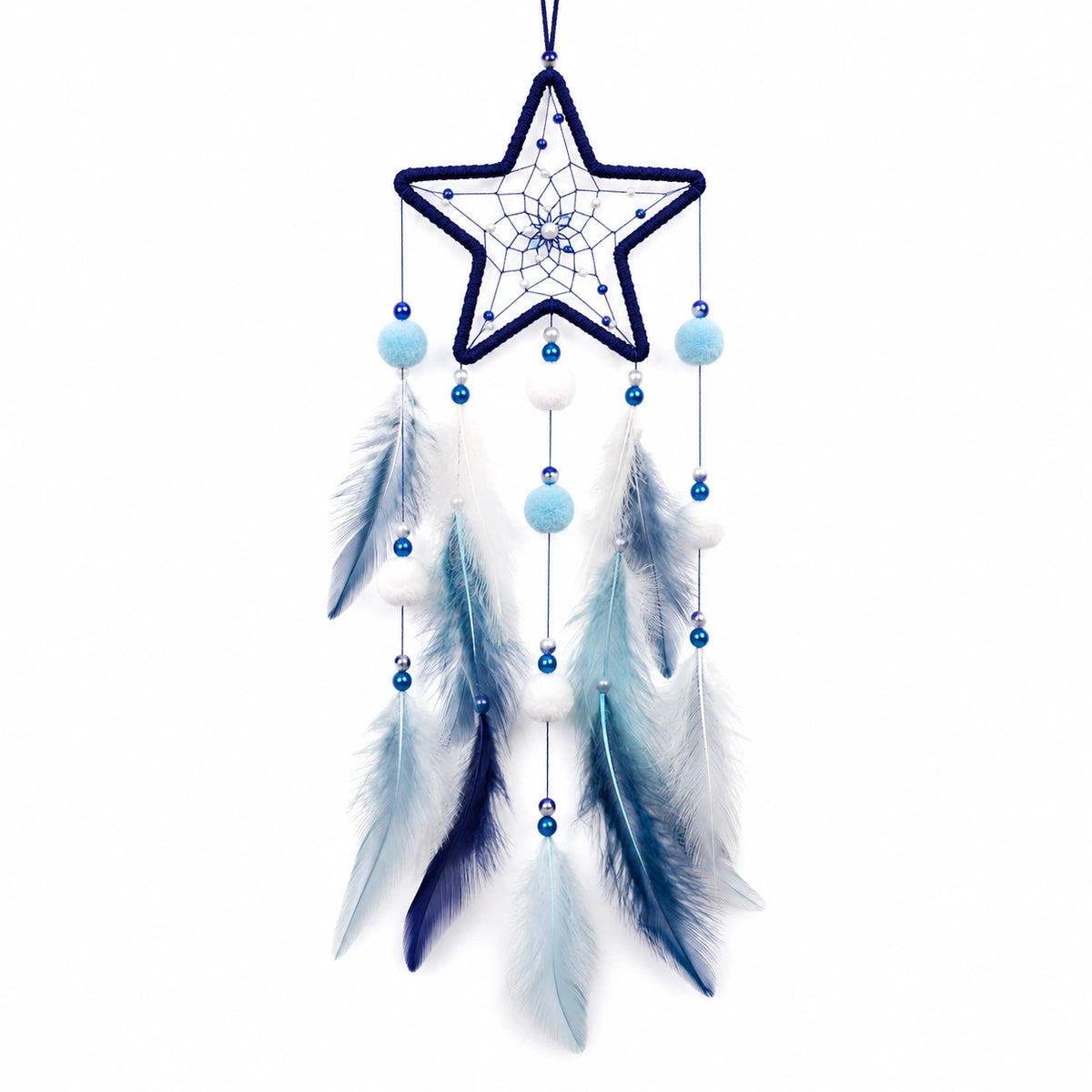 Attrape-rêves étoile 20 x 55 cm en textile bleu et blanc à suspendre