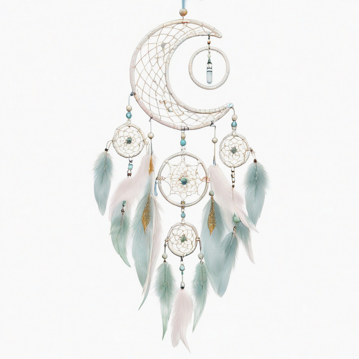 Attrape-rêves lune 35 x 90 cm en corde blanc vert menthe décoration murale bohème