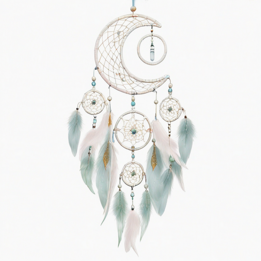 Attrape-rêves lune 35 x 90 cm en corde blanc vert menthe décoration murale bohème