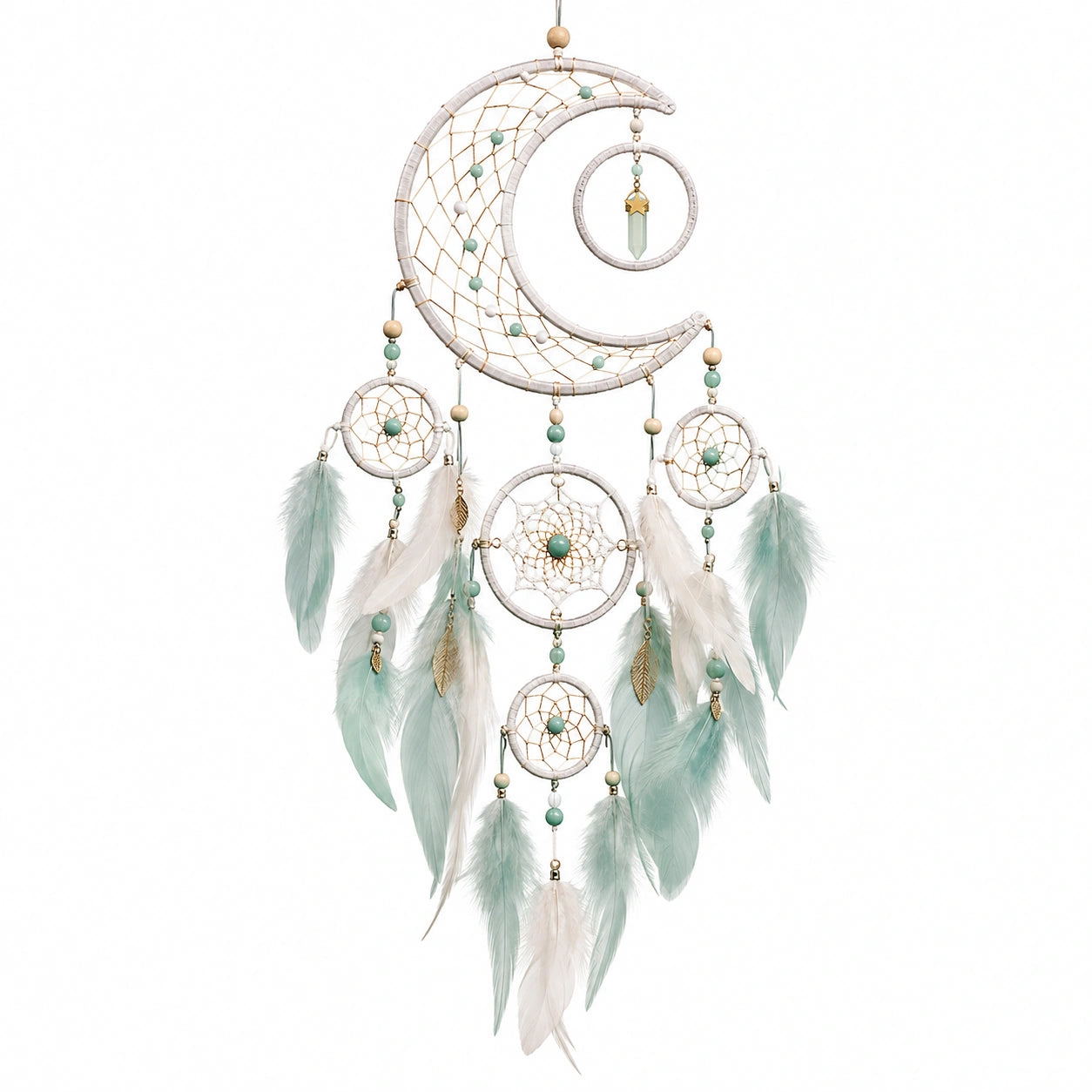 Attrape-rêves lune 35 x 90 cm en corde blanc vert menthe décoration murale bohème