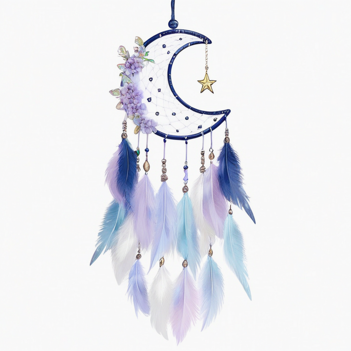 Attrape-rêves lune 30 x 70 cm en fil bleu avec plumes décoratives