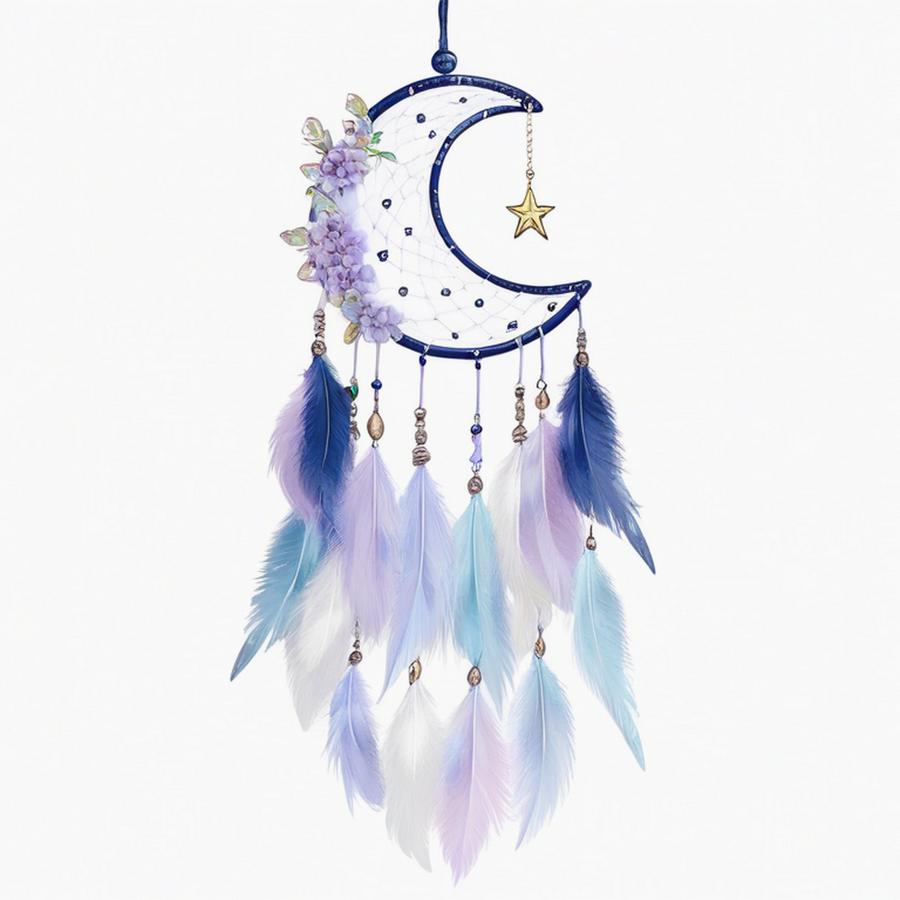 Attrape-rêves lune 30 x 70 cm en fil bleu avec plumes décoratives