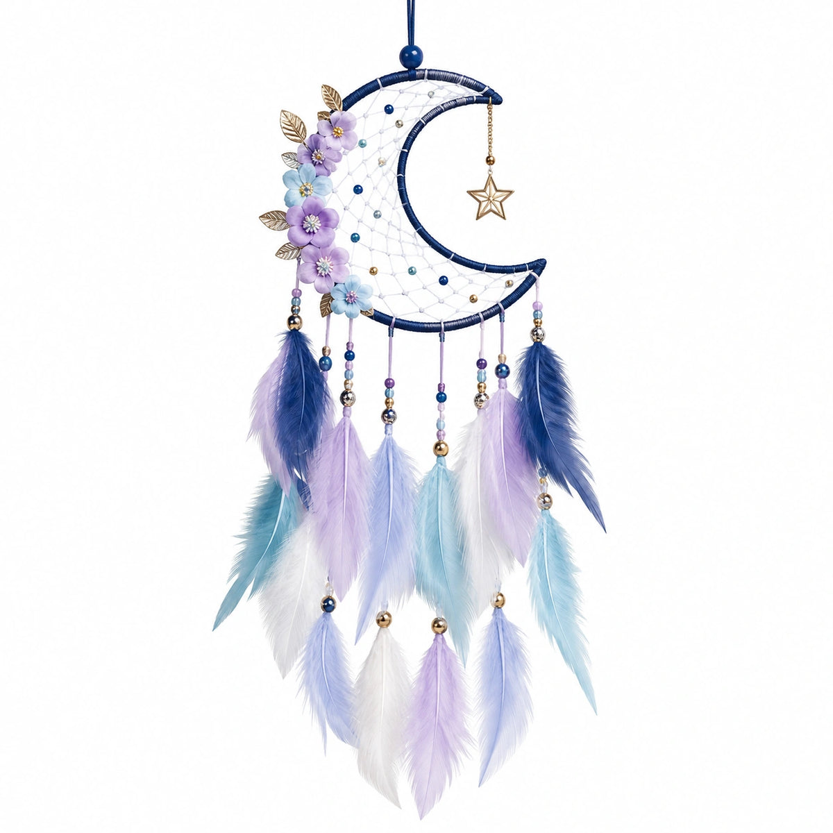 Attrape-rêves lune 30 x 70 cm en fil bleu avec plumes décoratives