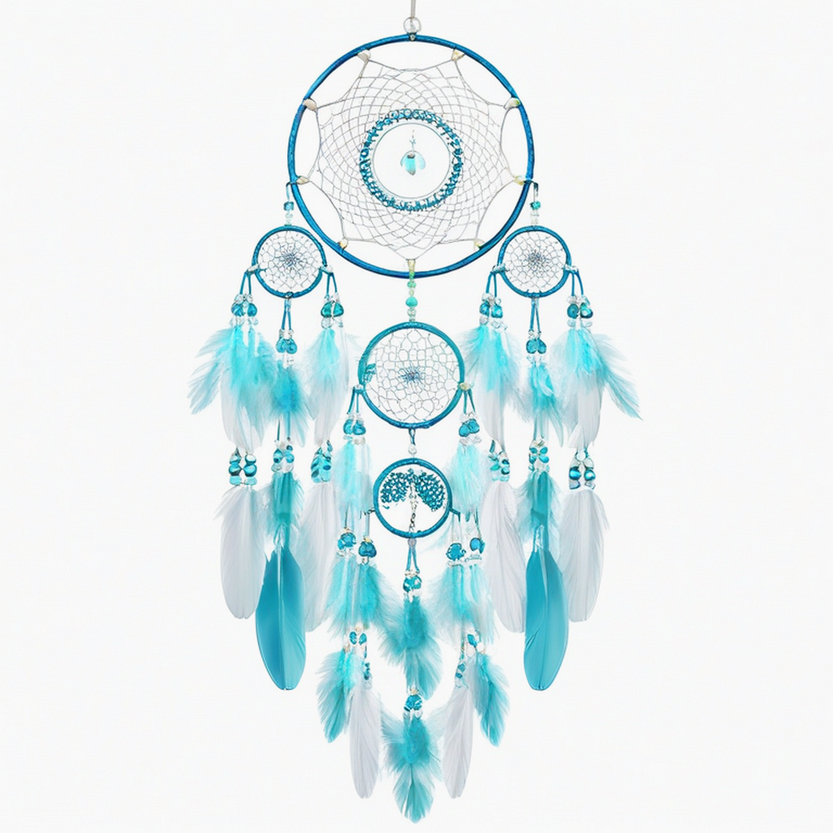 Attrape-rêves mural 30 x 85 cm turquoise blanc à plumes style bohème