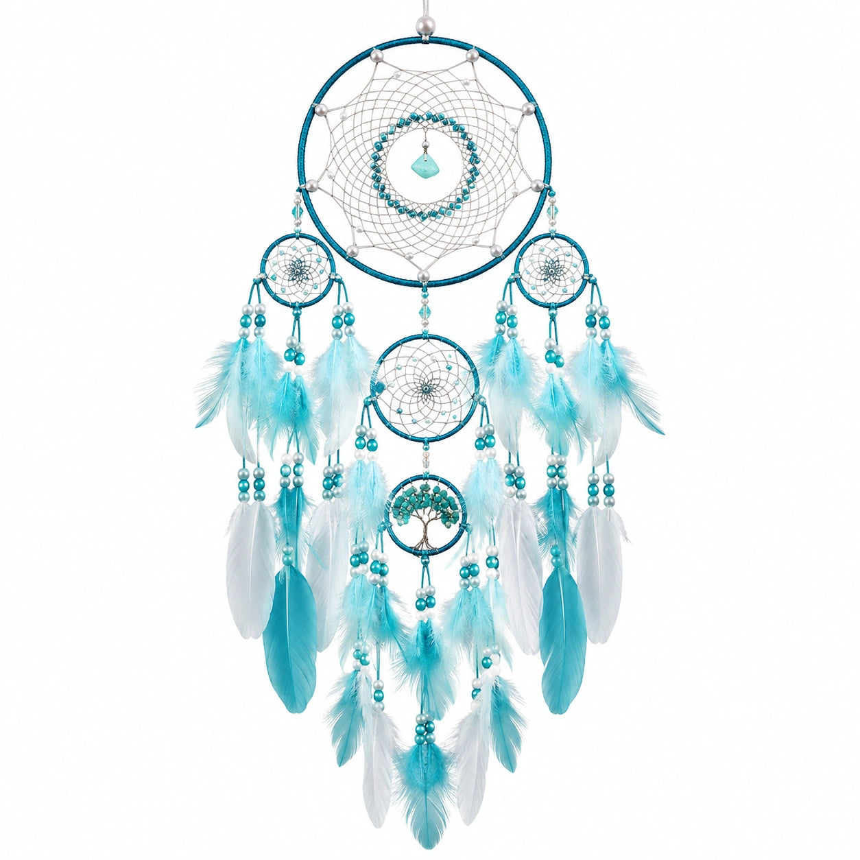 Attrape-rêves mural 30 x 85 cm turquoise blanc à plumes style bohème