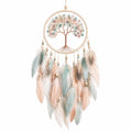 Attrape-rêves 35 x 80 cm en corde et plumes vert d'eau rose pâle style bohème