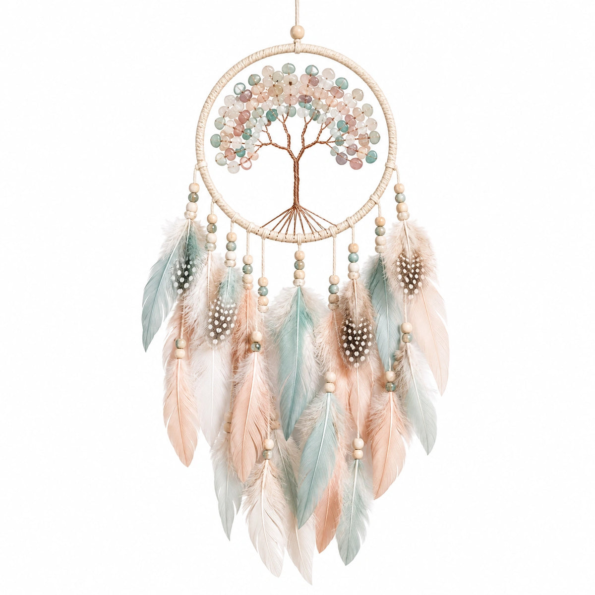Attrape-rêves 35 x 80 cm en corde et plumes vert d'eau rose pâle style bohème