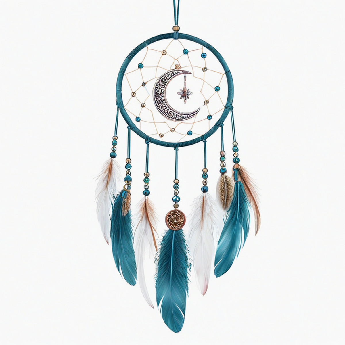Attrape-rêves 20 cm x 55 cm en fil et plumes bleu canard style suspendu