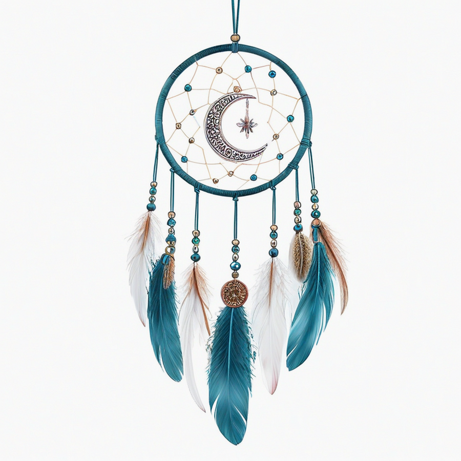 Attrape-rêves 20 cm x 55 cm en fil et plumes bleu canard style suspendu