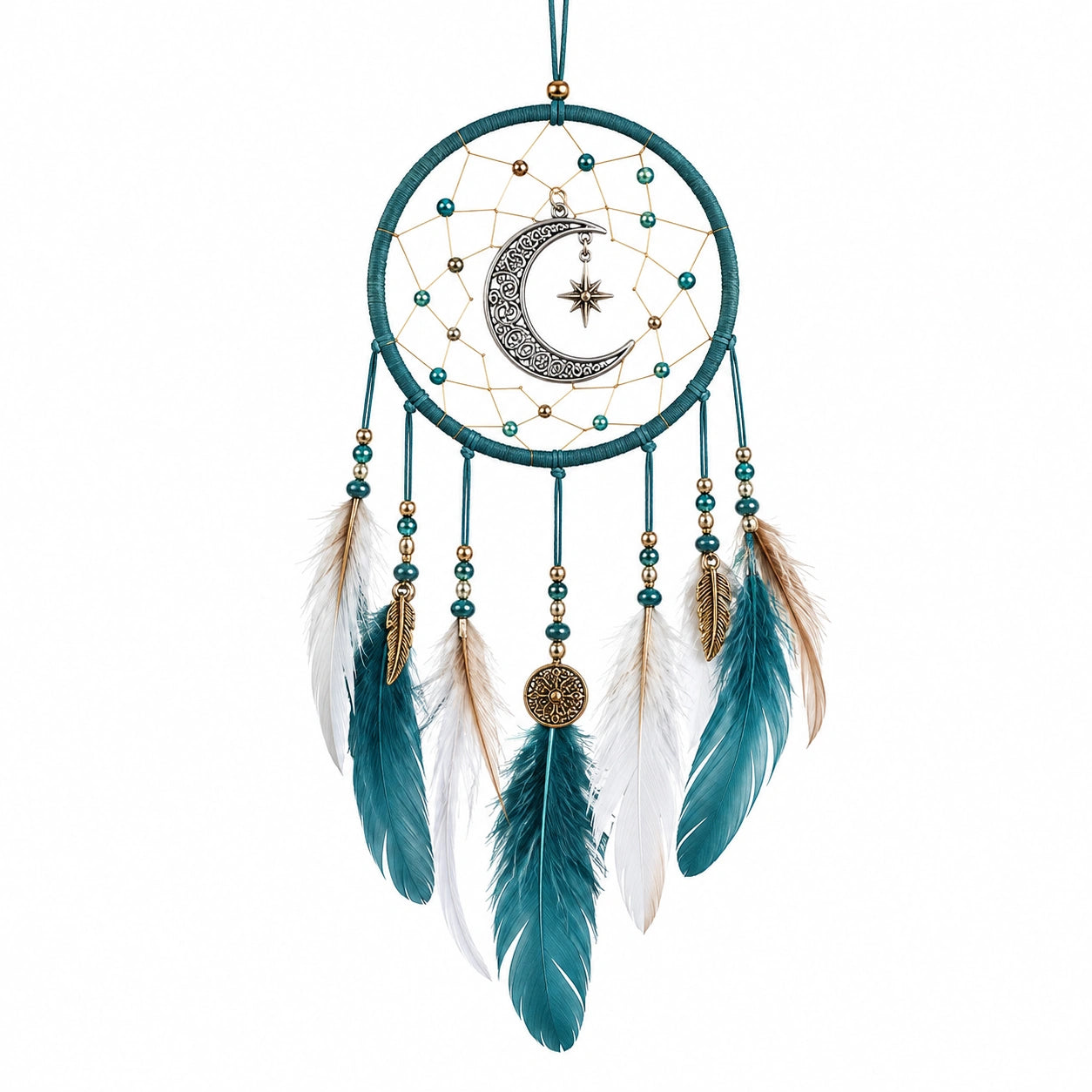 Attrape-rêves 20 cm x 55 cm en fil et plumes bleu canard style suspendu