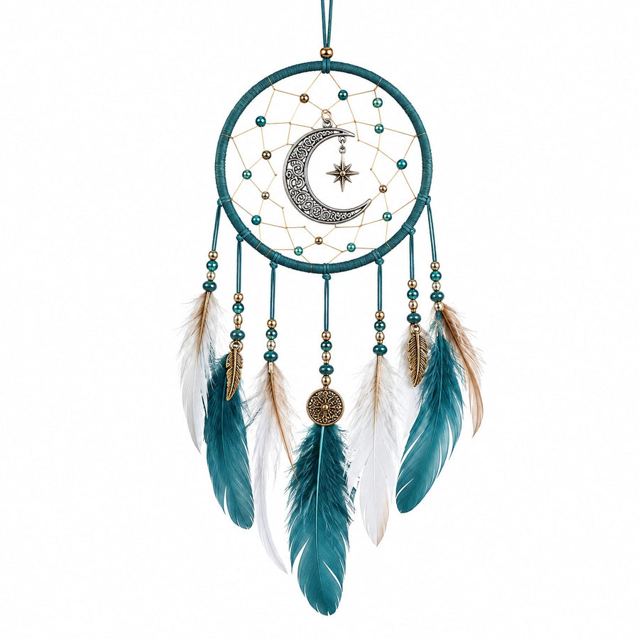 Attrape-rêves 20 cm x 55 cm en fil et plumes bleu canard style suspendu