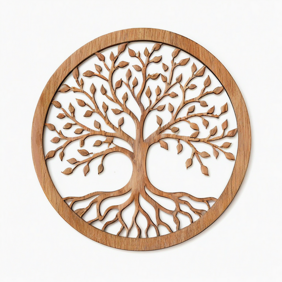 Décoration murale ronde 60 cm en bois marron motif arbre ajouré