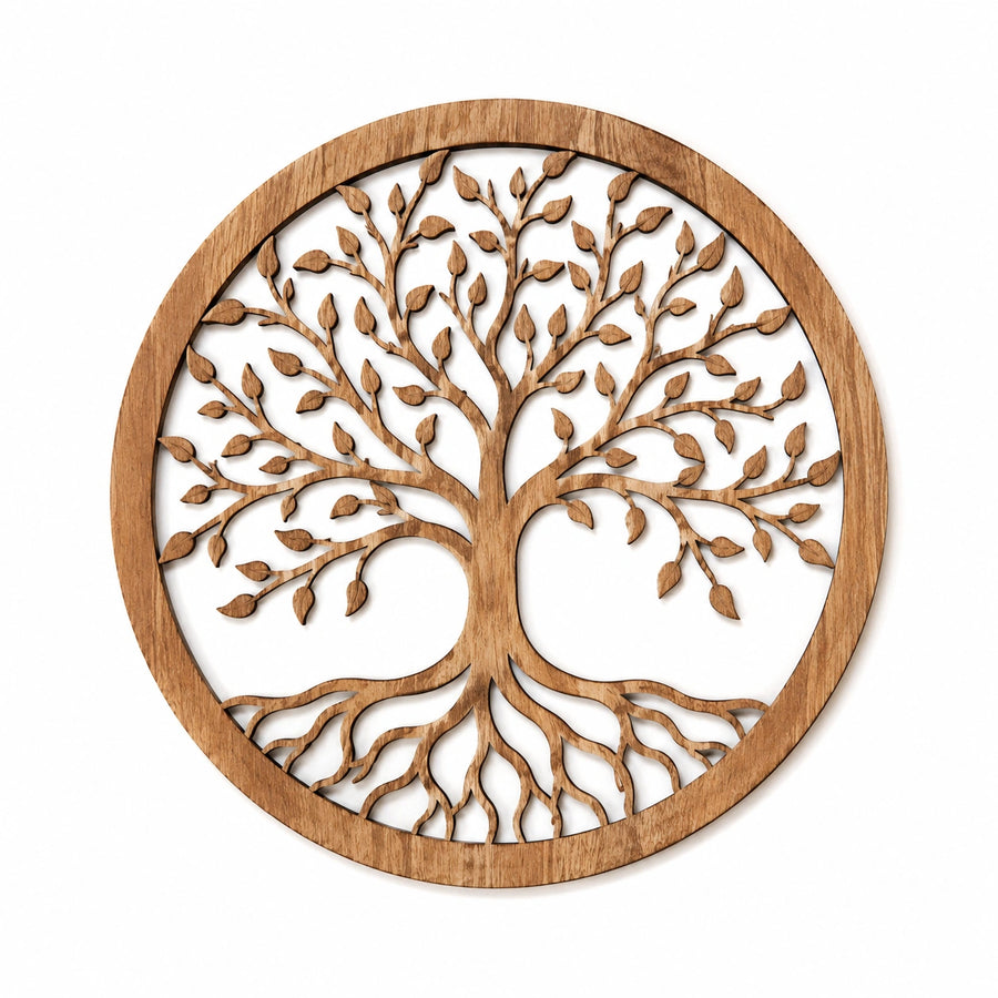 Décoration murale ronde 60 cm en bois marron motif arbre ajouré