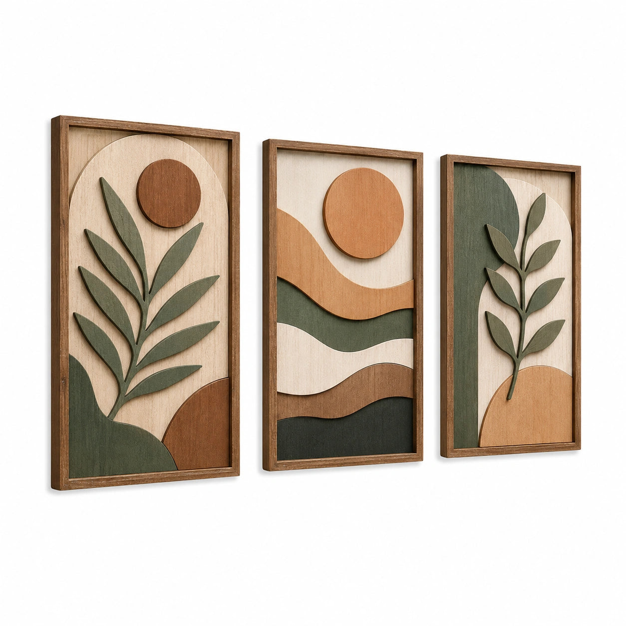 Tableaux muraux lot de 3 50 x 30 cm en bois marron vert et beige style botanique en relief