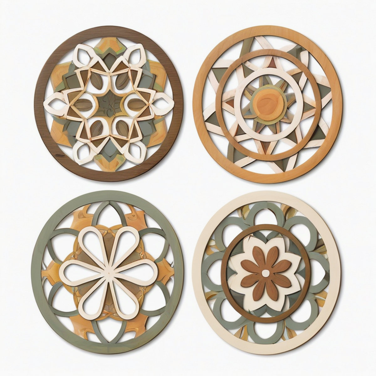 Décoration murale ronde lot de 4 diamètre 30 cm en bois multicolore style géométrique floral