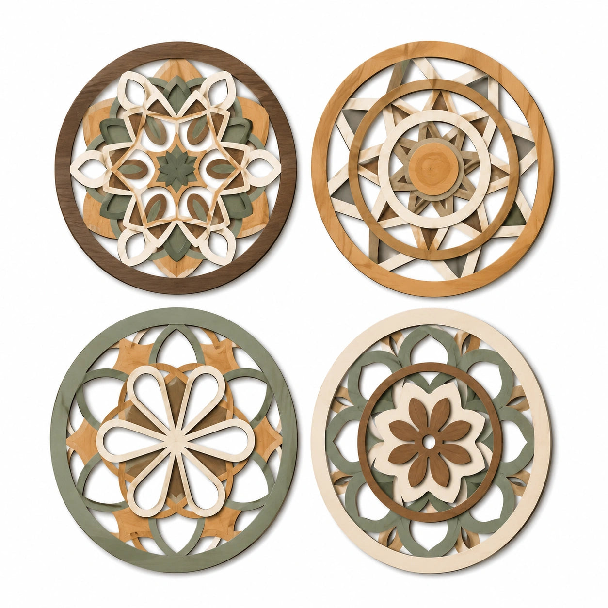 Décoration murale ronde lot de 4 diamètre 30 cm en bois multicolore style géométrique floral