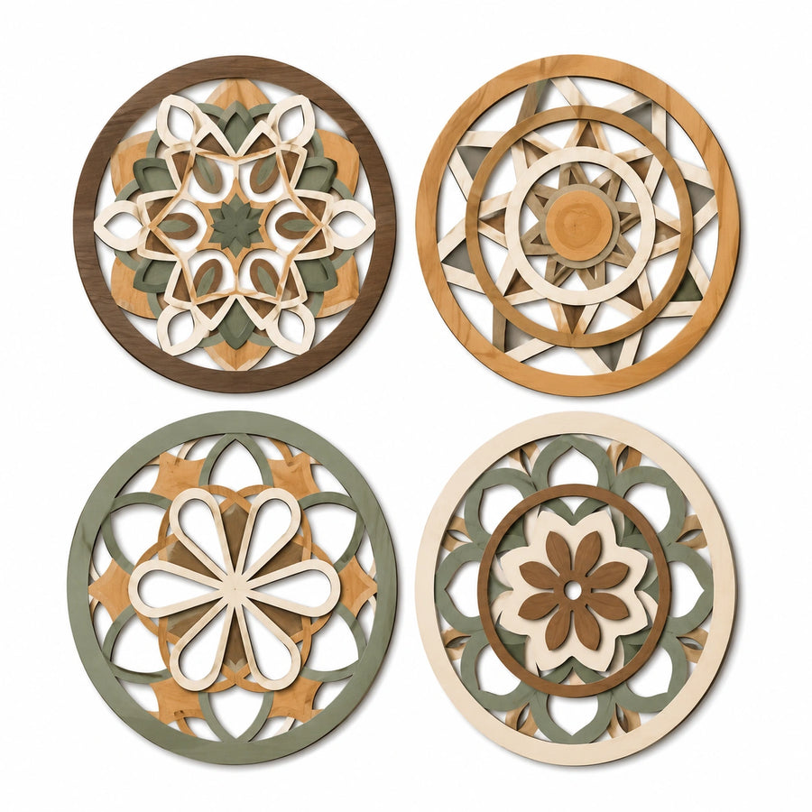 Décoration murale ronde lot de 4 diamètre 30 cm en bois multicolore style géométrique floral
