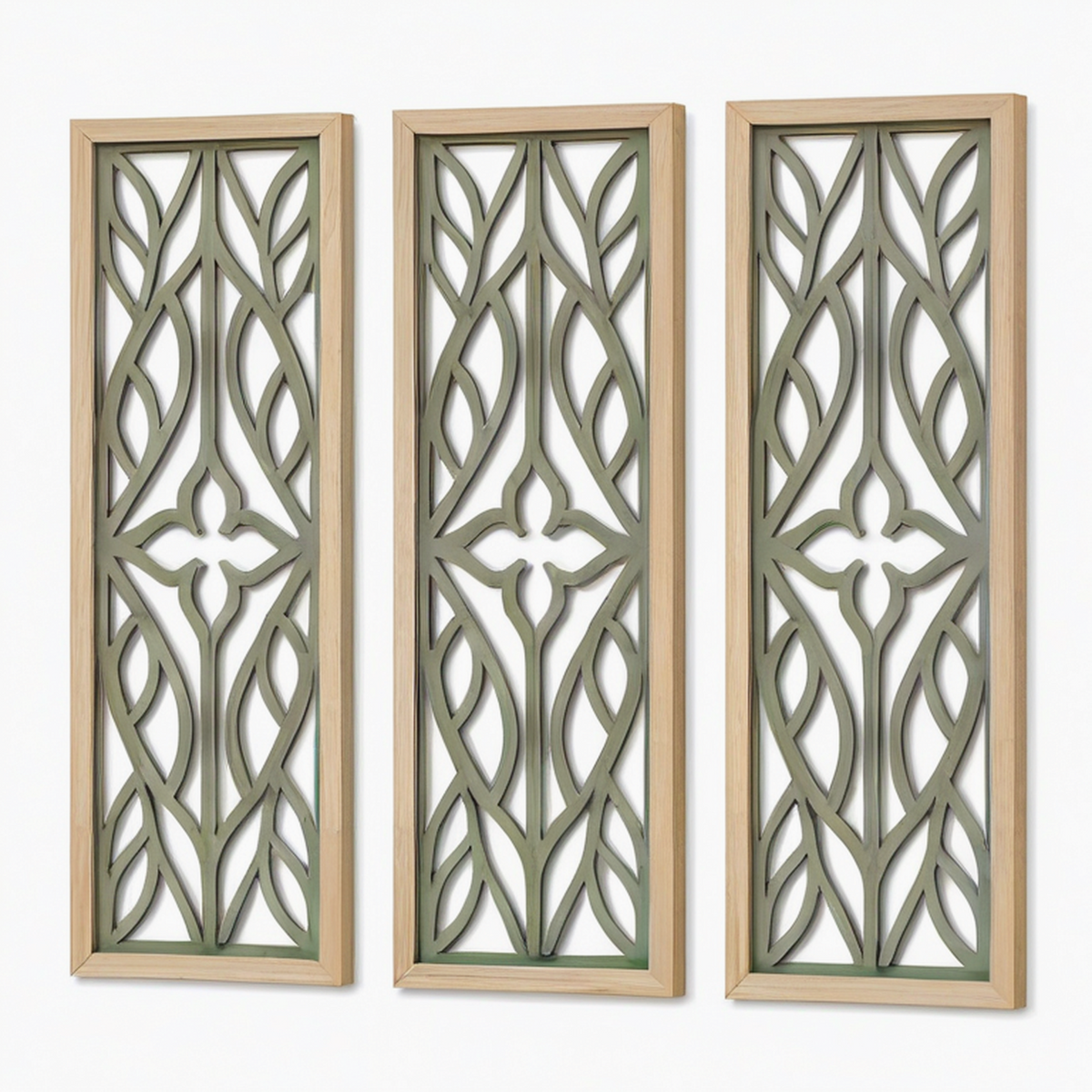 Lot de 3 panneaux muraux décoratifs 30 x 90 cm en bois vert et naturel style végétal ajouré