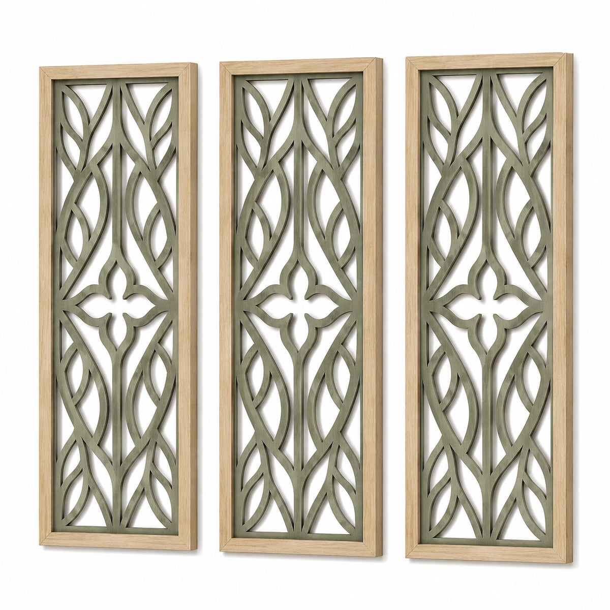 Lot de 3 panneaux muraux décoratifs 30 x 90 cm en bois vert et naturel style végétal ajouré
