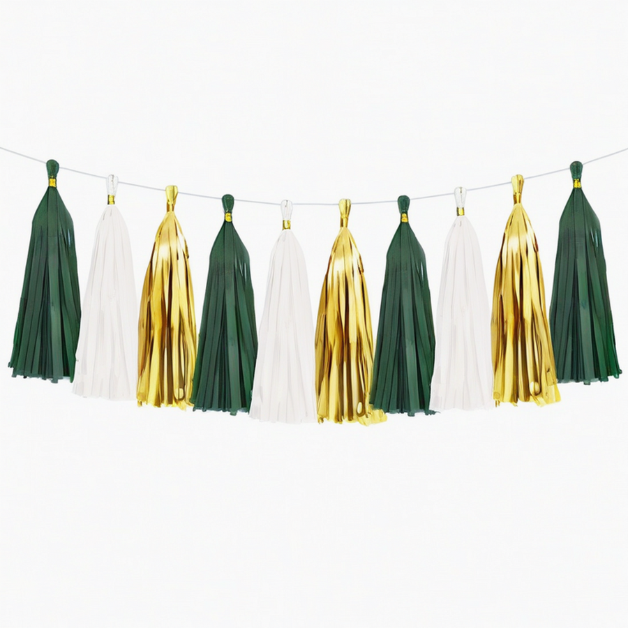 Guirlande à pompons 200 cm en papier vert blanc doré décoration festive