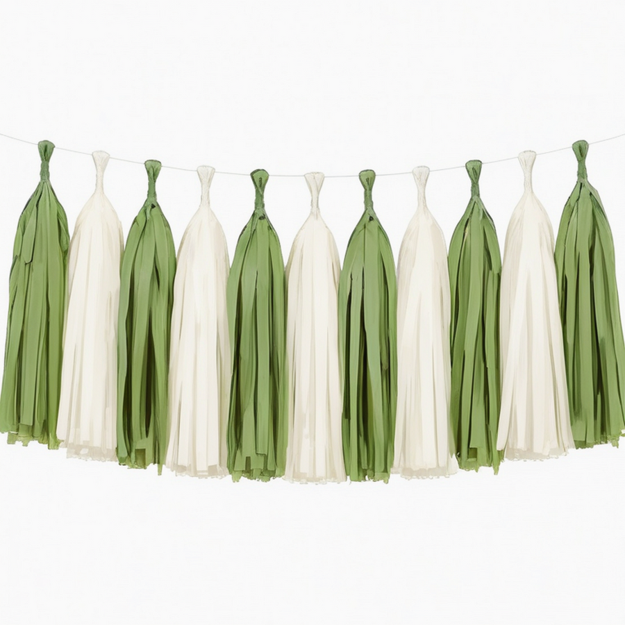Guirlande à pompons en papier 200 x 45 cm vert sauge et ivoire décoration suspendue