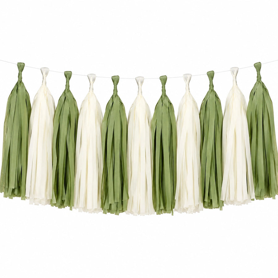 Guirlande à pompons en papier 200 x 45 cm vert sauge et ivoire décoration suspendue