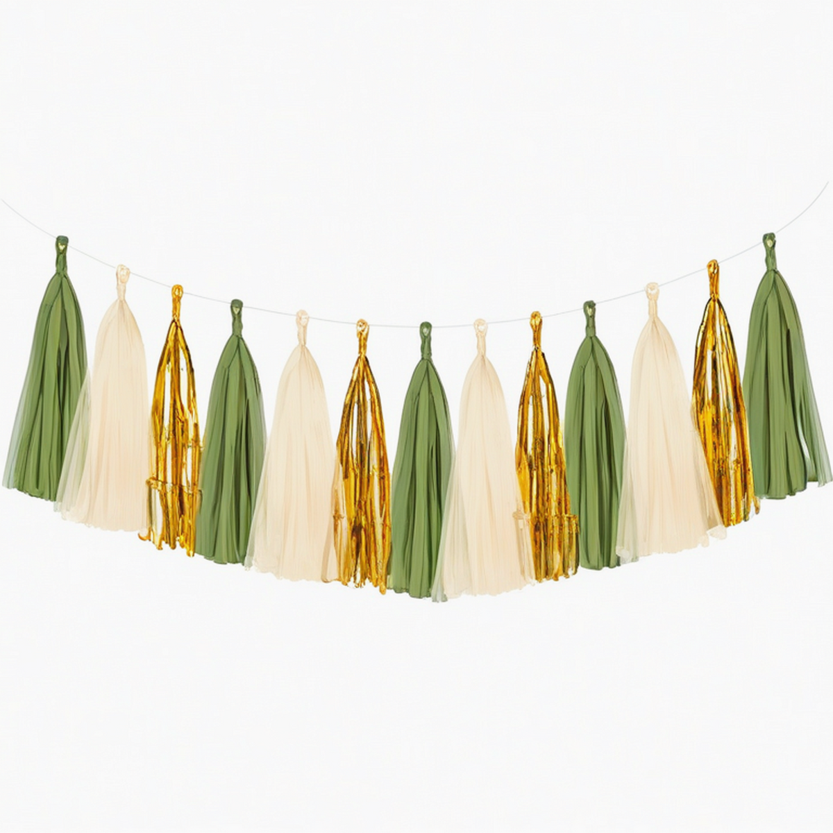 Guirlande à pompons 180 x 45 cm en papier vert ivoire doré pour décoration de fête