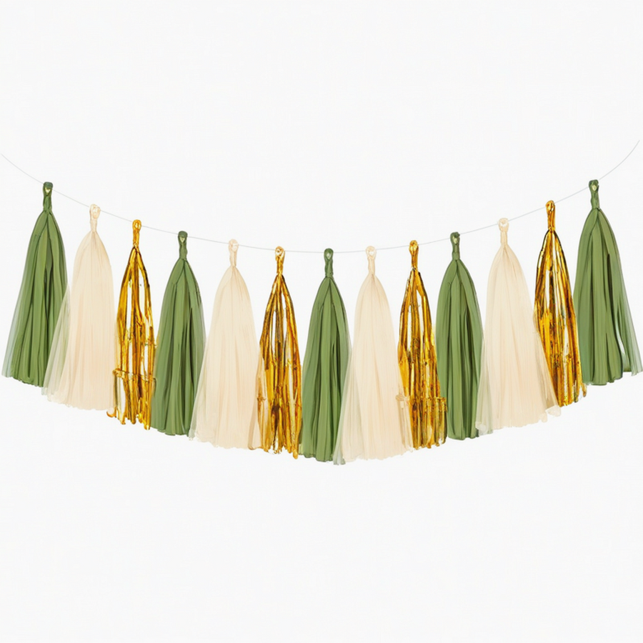 Guirlande à pompons 180 x 45 cm en papier vert ivoire doré pour décoration de fête