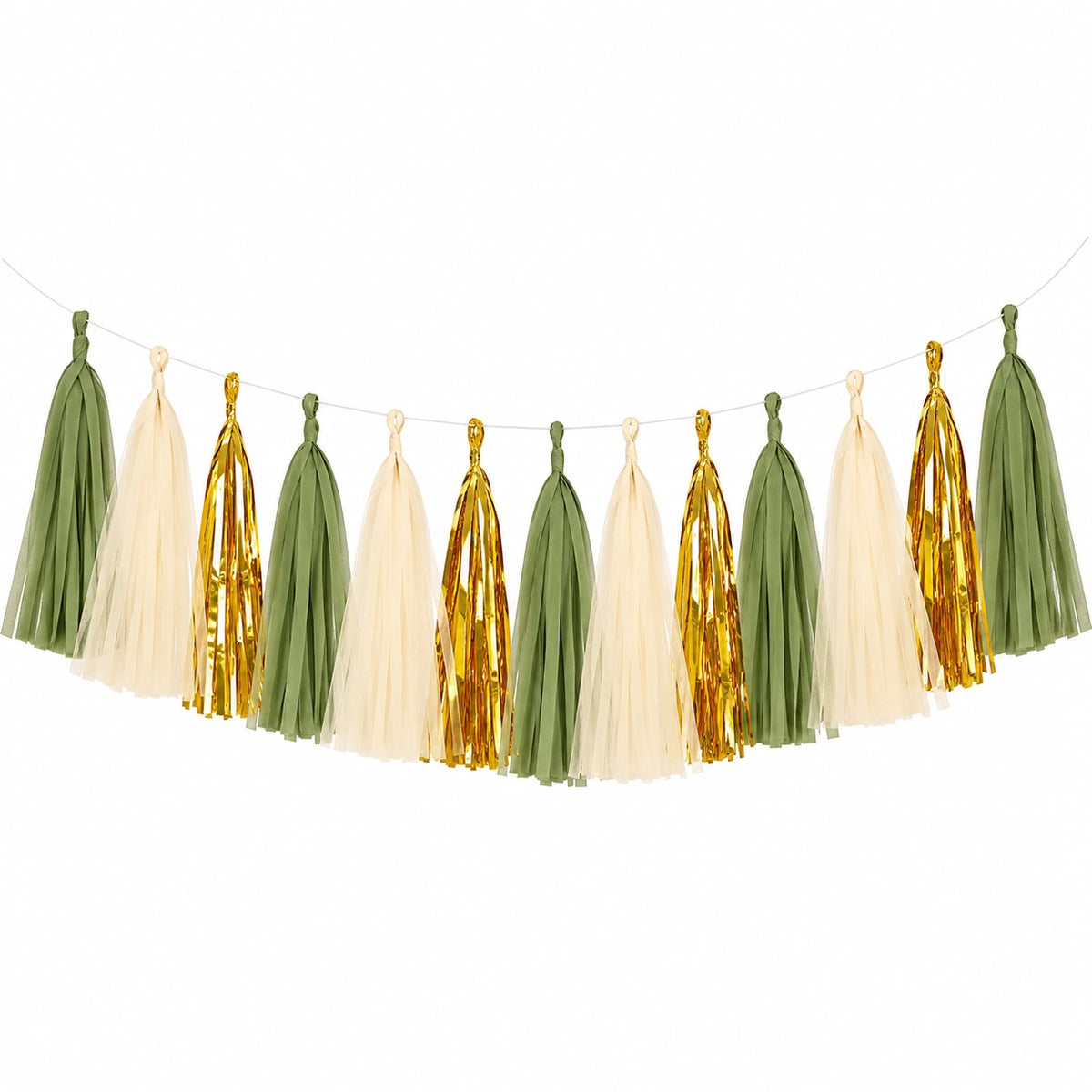 Guirlande à pompons 180 x 45 cm en papier vert ivoire doré pour décoration de fête