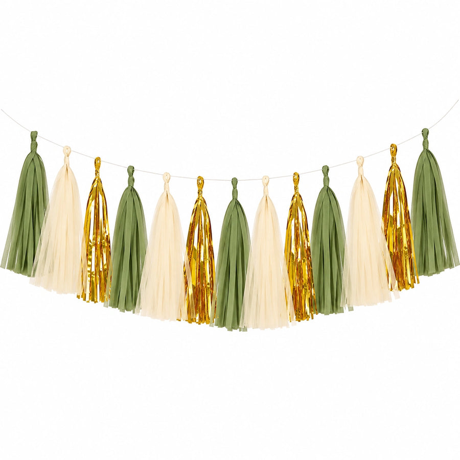 Guirlande à pompons 180 x 45 cm en papier vert ivoire doré pour décoration de fête