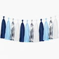 Guirlande à pompons 300 cm en papier bleu marine bleu clair blanc argenté décorative