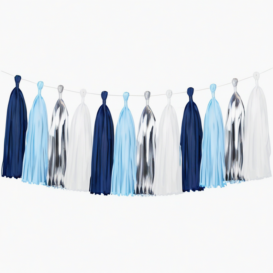 Guirlande à pompons 300 cm en papier bleu marine bleu clair blanc argenté décorative