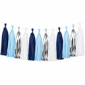 Guirlande à pompons 300 cm en papier bleu marine bleu clair blanc argenté décorative