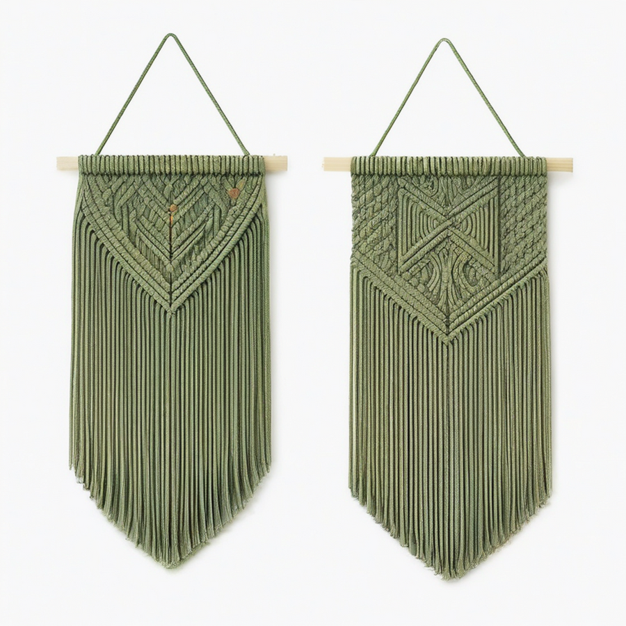 Décoration murale macramé 40 x 85 cm vert sauge en corde textile avec franges style bohème