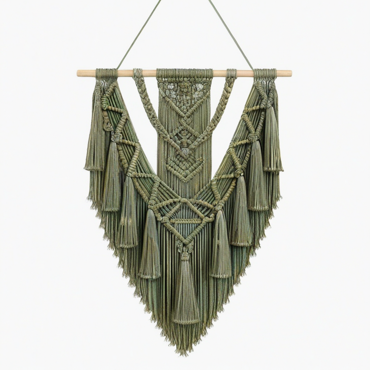 Tenture murale macramé 70 x 100 cm en coton vert kaki style bohème