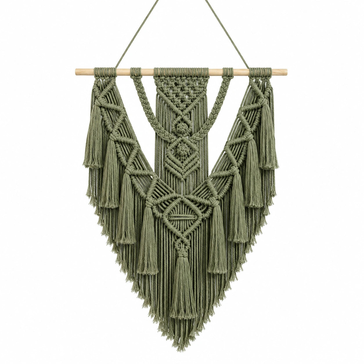 Tenture murale macramé 70 x 100 cm en coton vert kaki style bohème