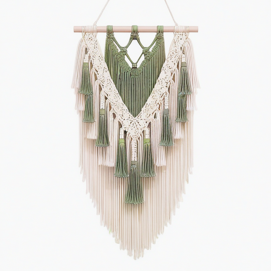 Tenture murale macramé 50 x 90 cm en coton vert et écru style bohème