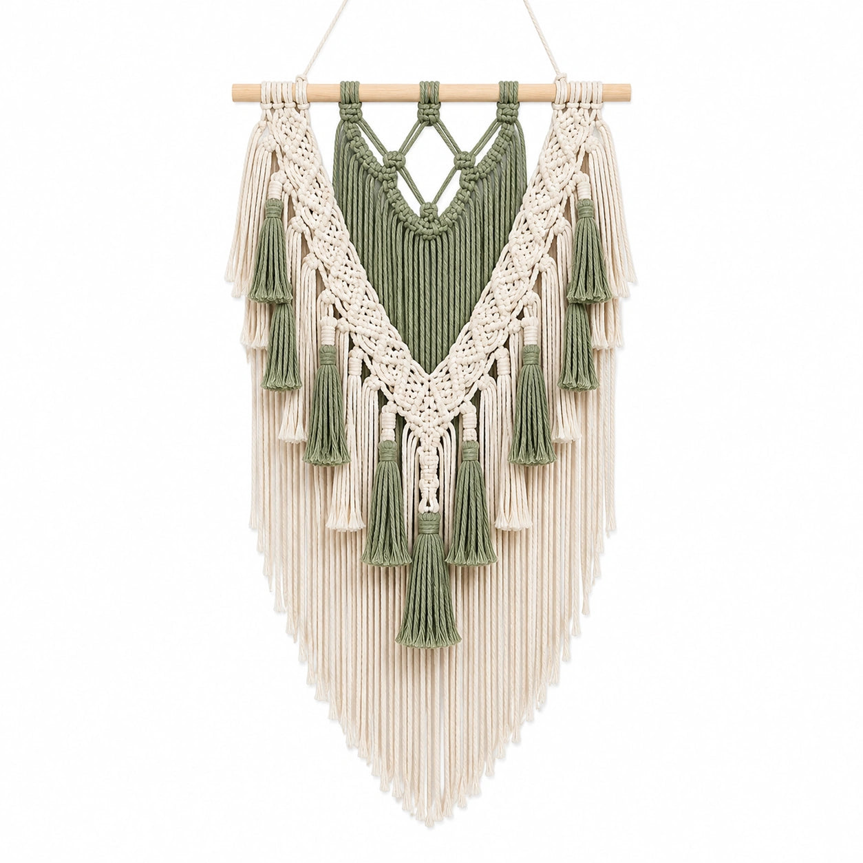 Tenture murale macramé 50 x 90 cm en coton vert et écru style bohème