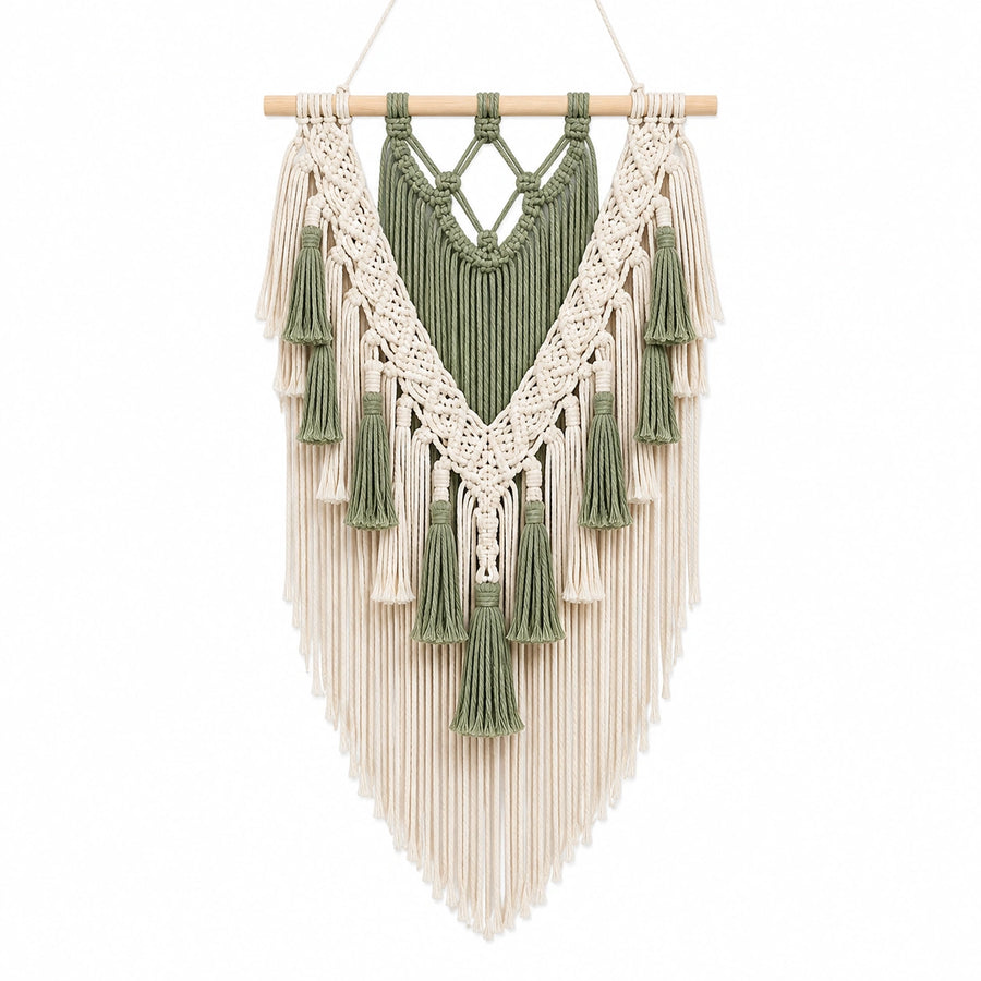 Tenture murale macramé 50 x 90 cm en coton vert et écru style bohème