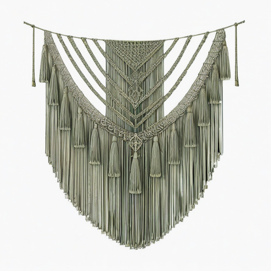 Tenture murale macramé 100 x 120 cm en coton vert sauge décoration bohème