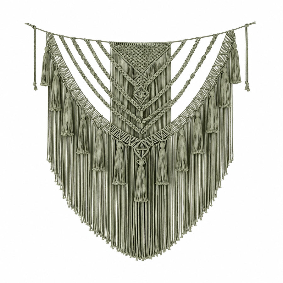 Tenture murale macramé 100 x 120 cm en coton vert sauge décoration bohème