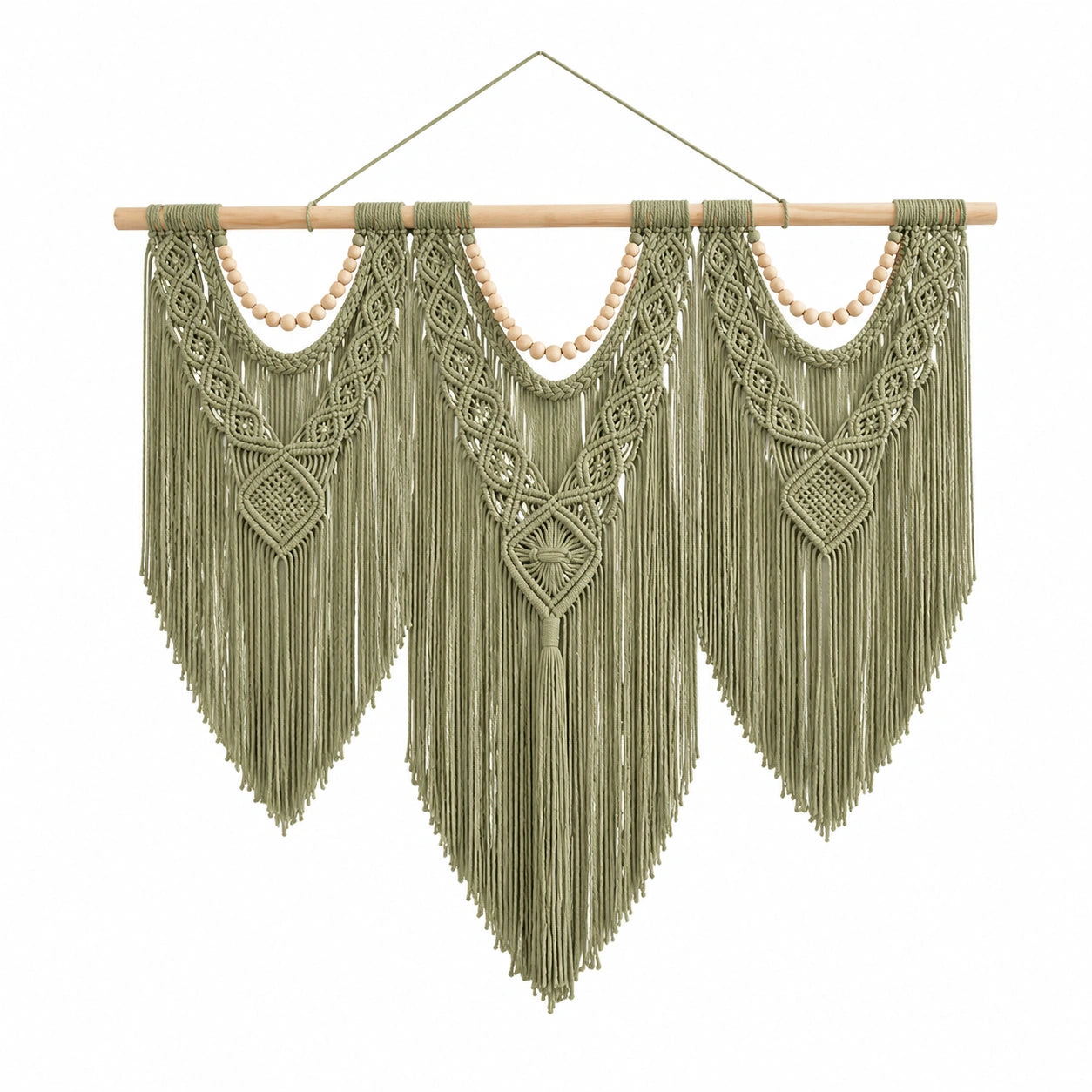 Tenture murale macramé 100 x 110 cm vert sauge en cordage textile style bohème