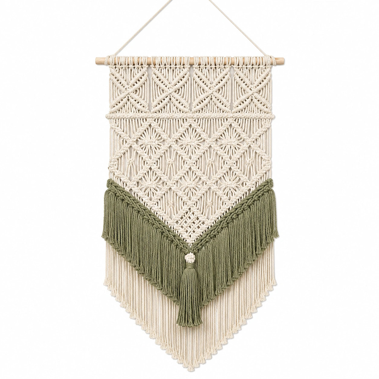 Tenture murale 45 x 90 cm en coton écru et vert style bohème à franges