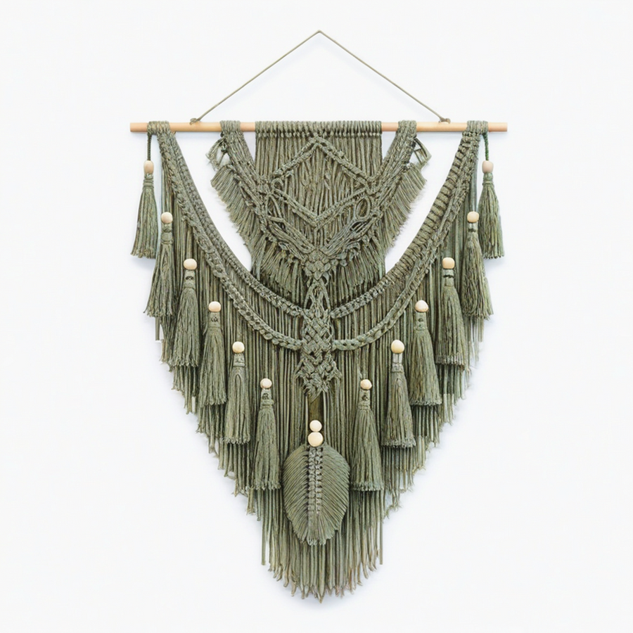 Tapisserie murale en macramé 60 x 100 cm vert sauge en coton style bohème